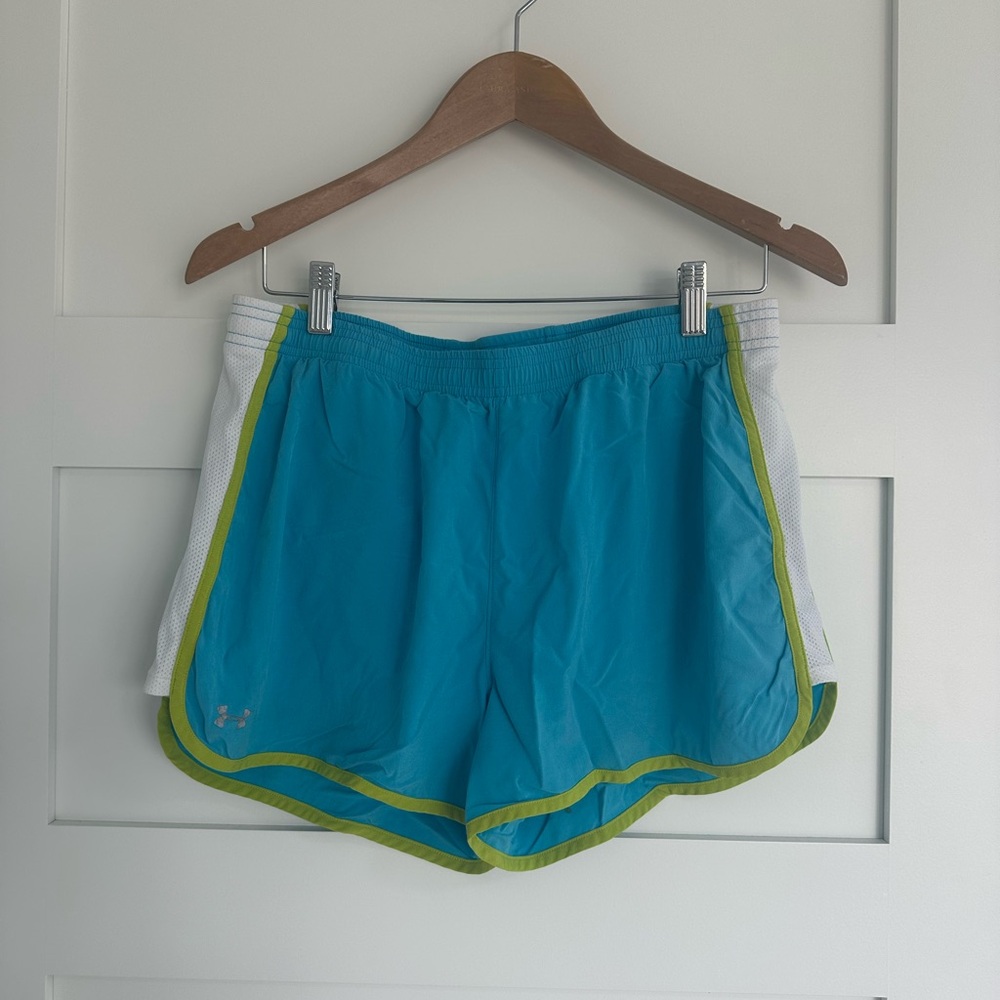 Under Armour Women’s Turquoise Athletic Shorts with Lime Trim. Size Large.